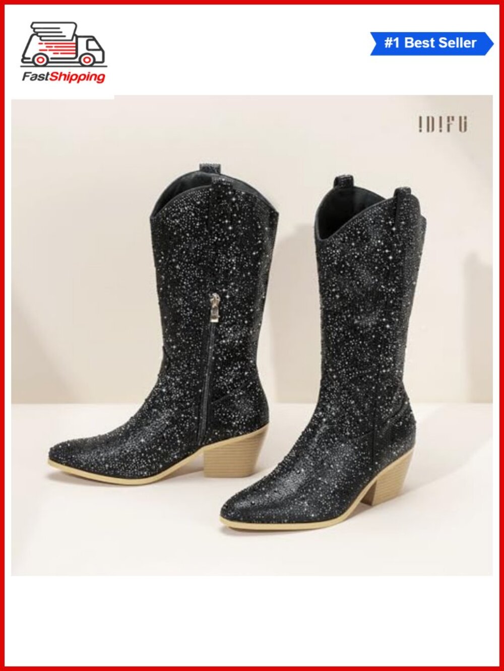 ๐
Rhinestone Mid Calf Western Cowgirl Boots Pointed Toe Block Heel Zip - Picture 2 of 6